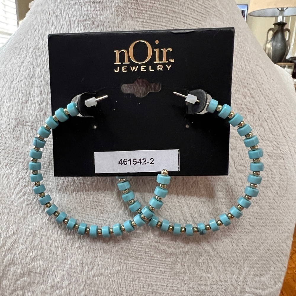 nOir Jewelry Boho Tribal Blue Turquoise Colored and Gold Beads Hoop Ea B29
